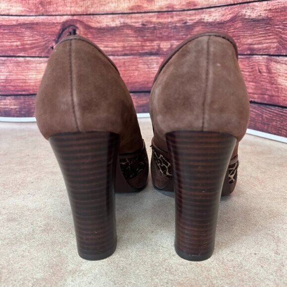 Fossil Giraffe Print Suede Faux Fur T-Strap Heels - Picture 7 of 16